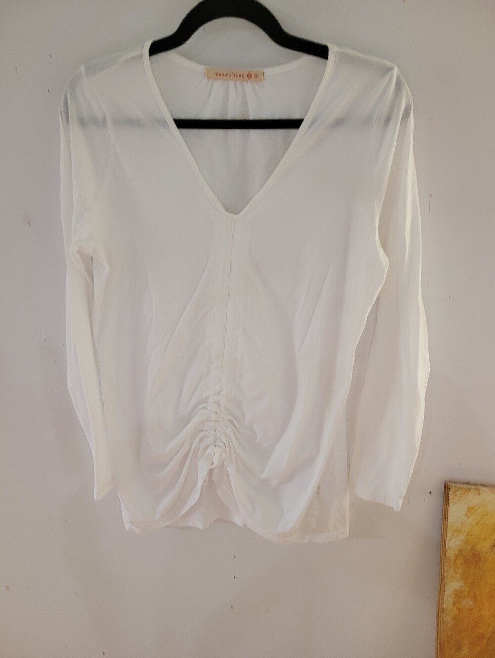 Wearables M 100% Cotton White V-Neck Ruched Long-Sleeve Top